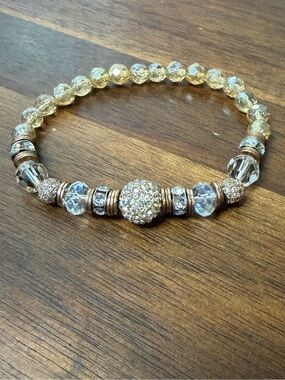 Hillberg & Berk Champagne Gold Sparkle Ball Crystal Stretch Bracelet
